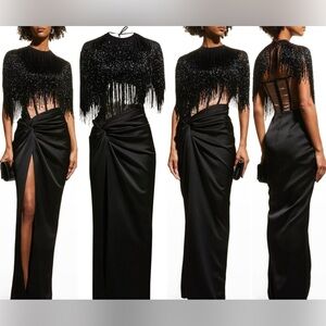 Rasario Beaded-Fringe Sheer-Corset Draped Satin Gown